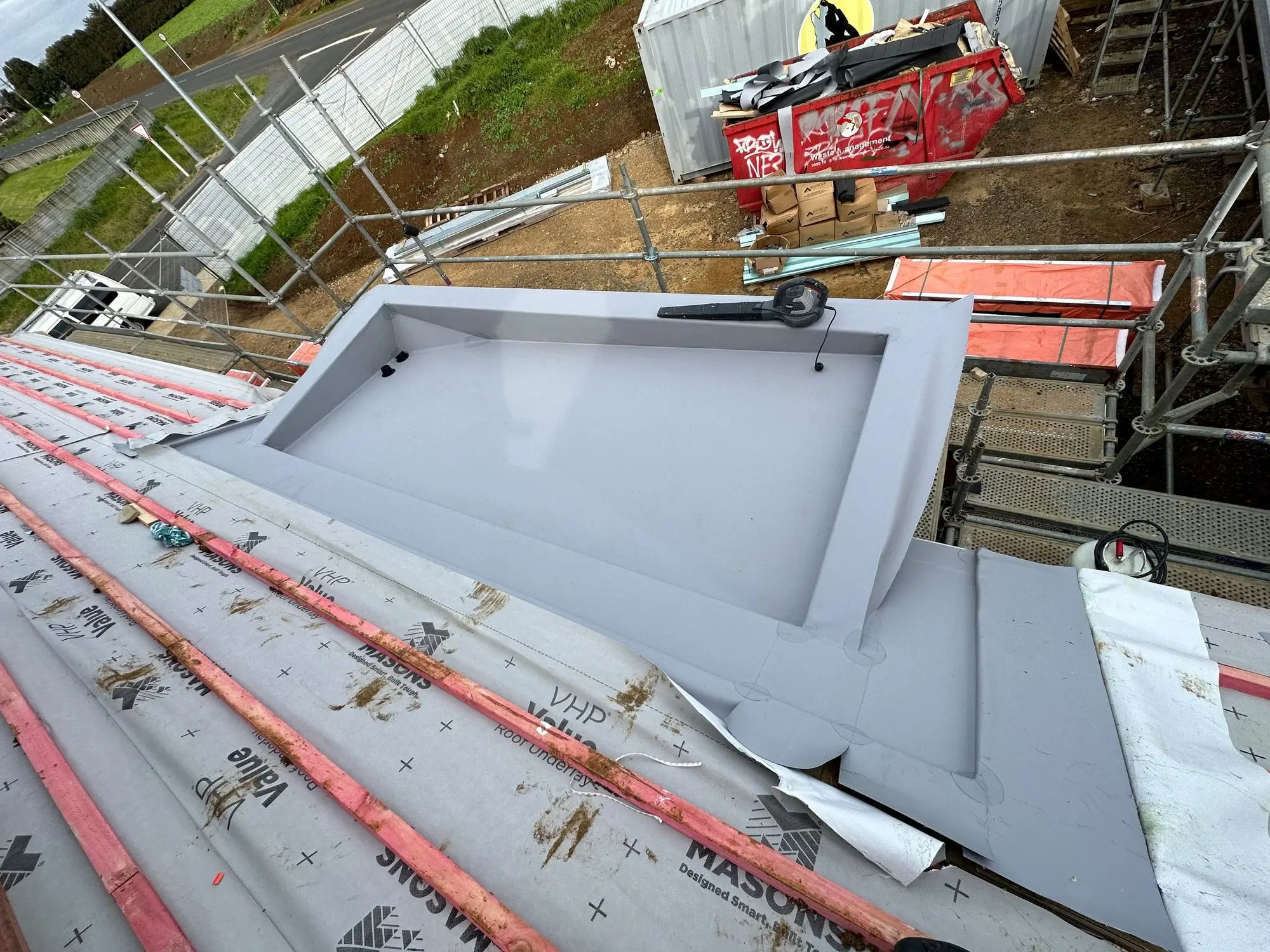 Membrane-lined box gutter under construction on an Auckland site