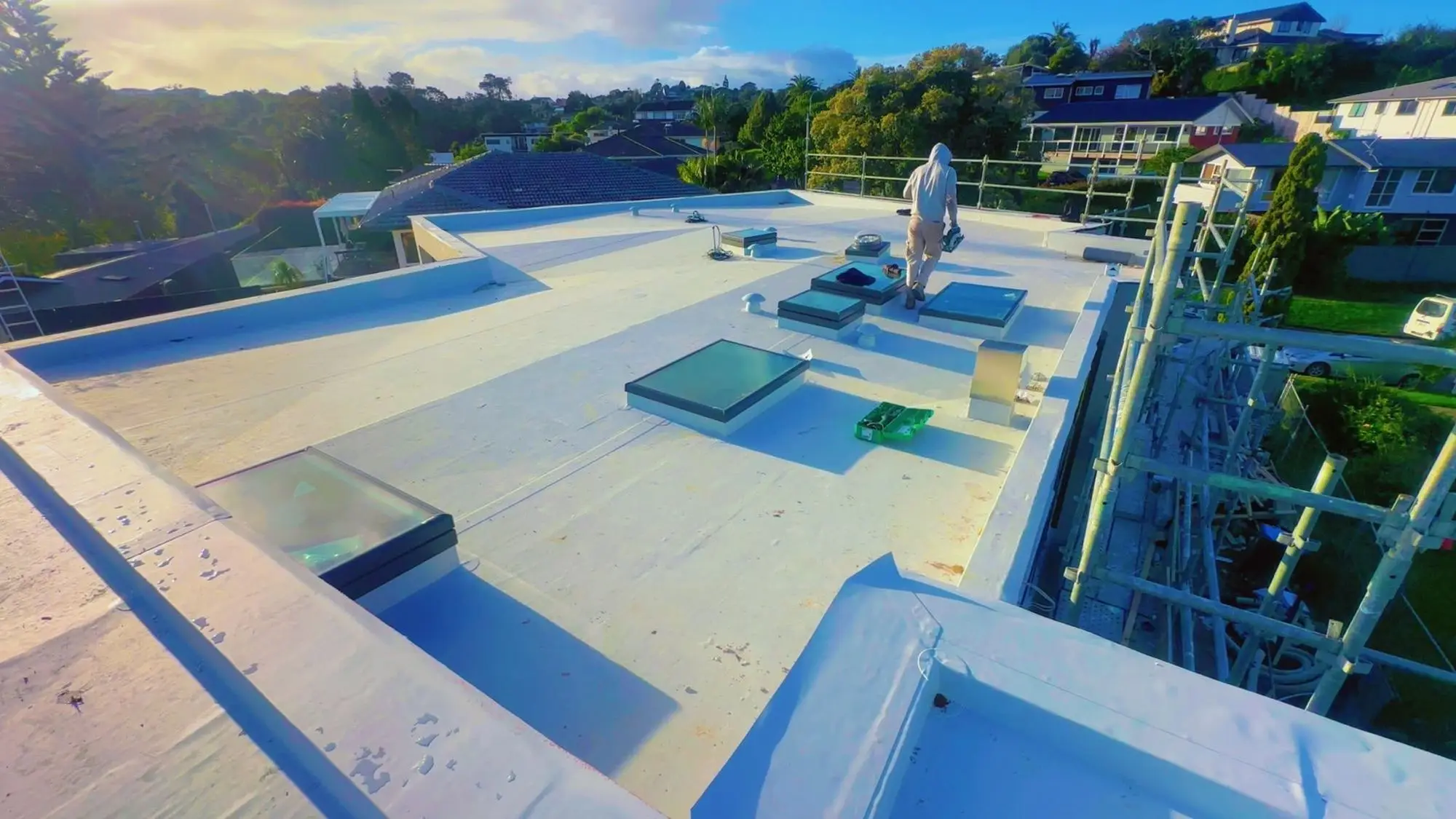 Completed white membrane roof overlooking the Auckland harbour
